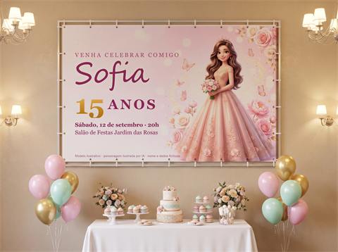 Painel de 15 anos (modelo com personagem ilustrada por IA) (modelo com dados fictícios)